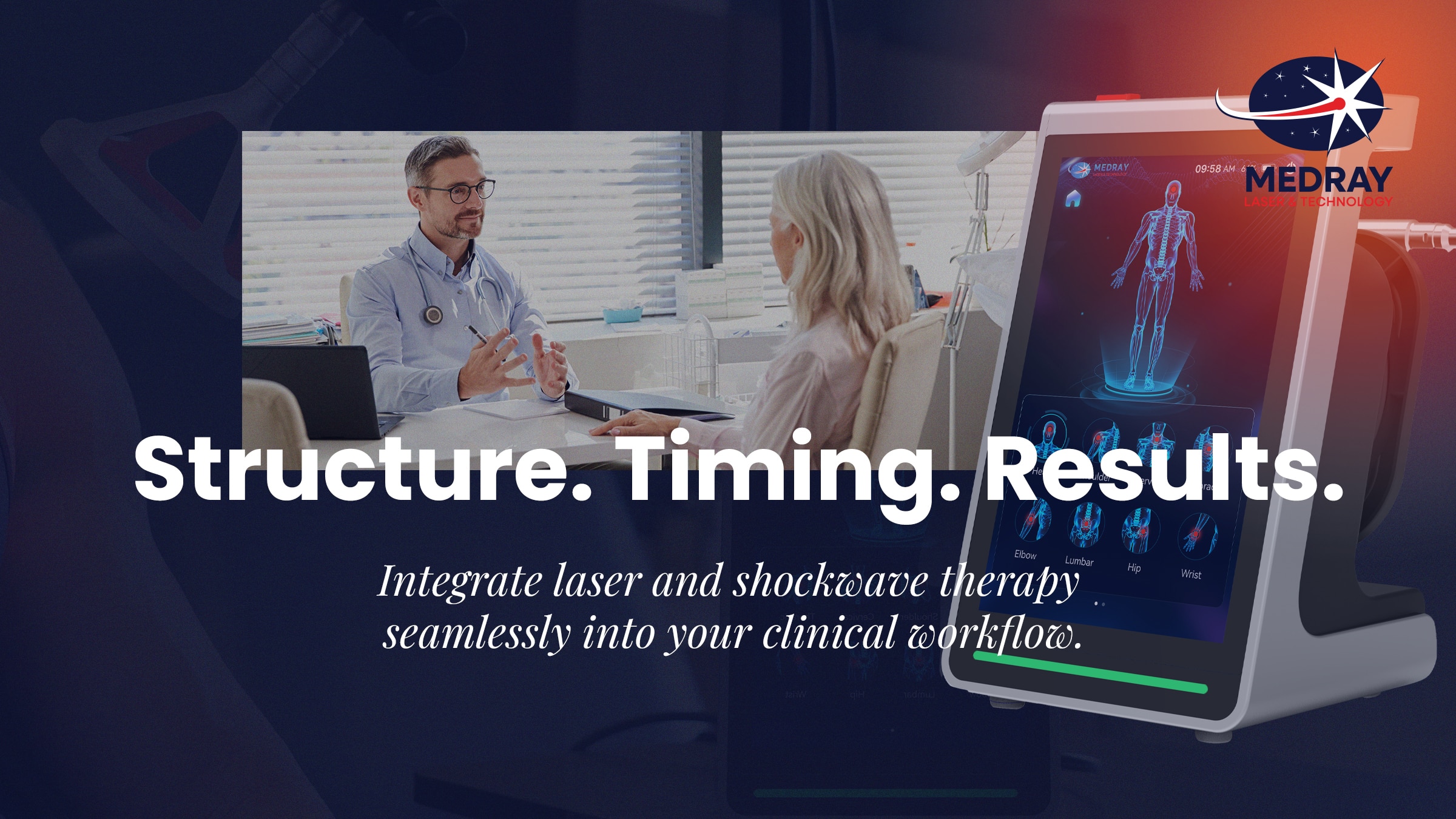 Clinician integrating laser and shockwave therapy using standardized clinic parameter sets