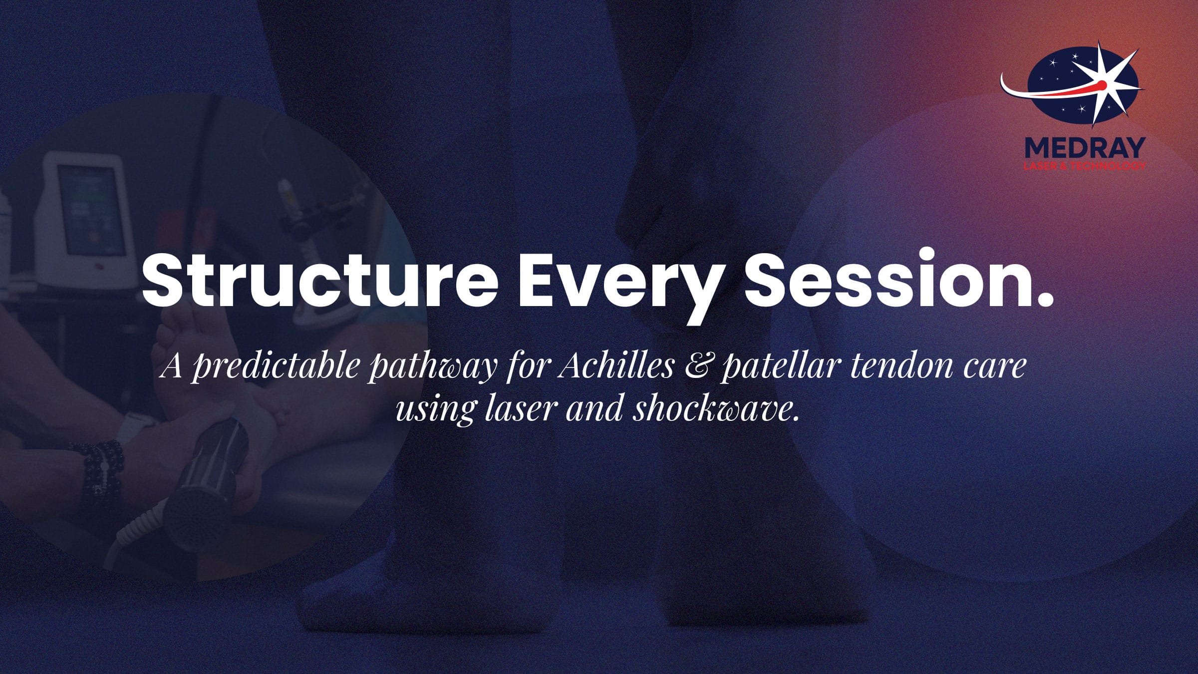 Clinician applying laser or shockwave near the Achilles or patellar tendon within a structured graded loading session.