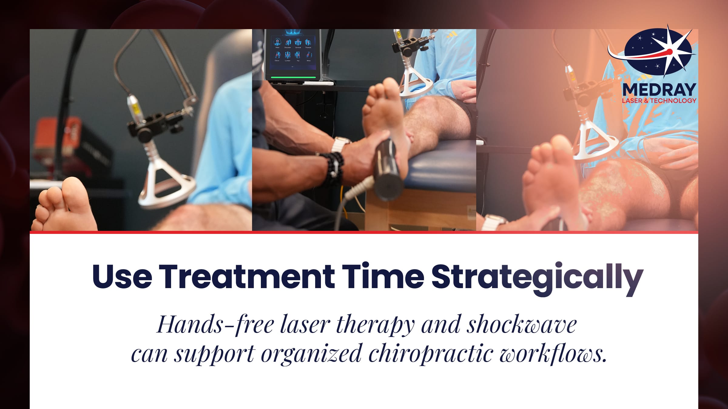 Chiropractic clinic using laser and shockwave therapy in a coordinated conservative care workflow
